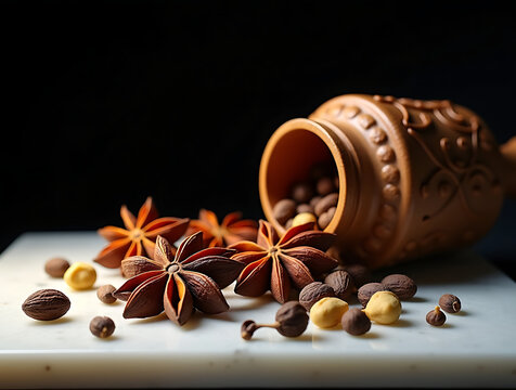 Spices spilled from carved jar on white granite with teal backdrop, AI-generated