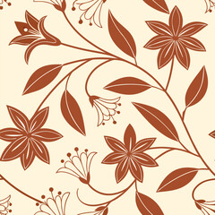 Obraz premium Seamless pattern with brown flowers and leaves on a beige background