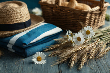 Galician flag and rural celebration details: blue-and-white Galician flag colors fabric beside traditional hat, daisies and wheat, wicker basket, picnic scene mood board