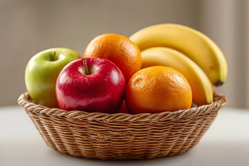 Fresh and vibrant assortment of fruits in a woven basket, showcasing apples, oranges, and bananas for a healthy lifestyle.
