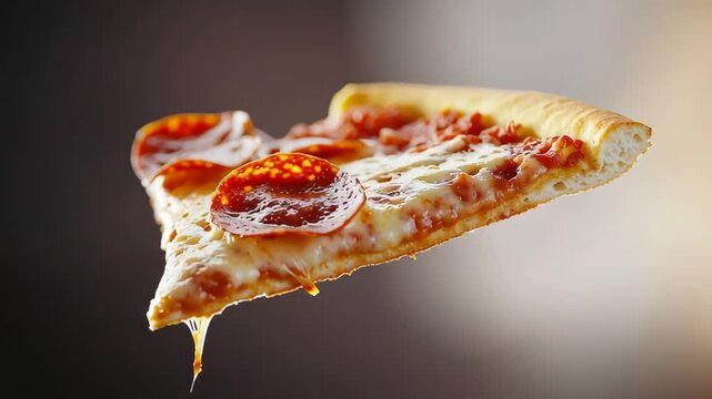 Delicious slice of pepperoni pizza with melted cheese, showcasing a crispy crust and savory toppings, suspended in mid-air against a blurred background, highlighting the appetizing nature of this clas