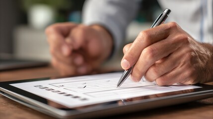 Office worker completing checklist on tablet