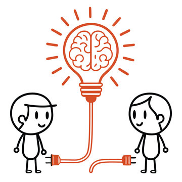 Two cartoon stick figures appear to be connecting their ideas with a brain lightbulb