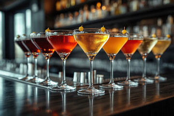 Glasses of alcoholic drinks stand on the corner of the wooden bar counter. Generated by artificial intelligence