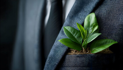 A stylish individual in a suit with a sprouting plant in the pocket, symbolizing the blend of fashion and nature.