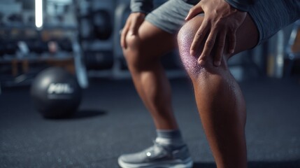 Swollen knee from a sports injury highlighted in a gym setting, focusing on athlete care.
