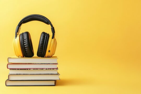 Books Surrounded by Modern Headphones on Vibrant Yellow Canvas - Powered by Adobe