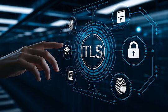 TLS, SSL, encryption, cybersecurity, digital security, secure interface, hand pointing, encryption key, padlock icon, firewall, network protection, cloud security, secure communication, data protectio