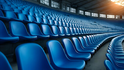An empty stadium showcasing rows of blue seats, illuminated by warm sunlight, creating a vibrant atmosphere.