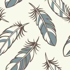Fototapeta premium Whimsical feather pattern in vector, boho style in soft blues and browns, elegant hand-drawn aesthetic