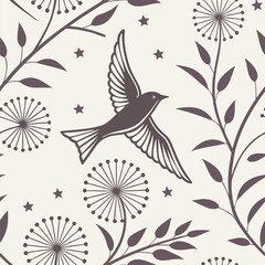 Naklejka premium A bird flying between dandelions and branches with leaves, with some stars in the background