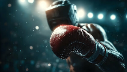 Dynamic image capturing the intensity and focus of a boxer preparing for a powerful punch in a professional setting.