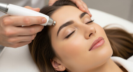 Naklejka premium A young woman receives a facial treatment at a beauty salon with her eyes closed