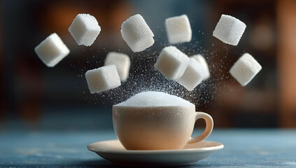 A cup filled with granulated sugar and sugar cubes hovering above, showcasing a sweet and delightful beverage experience.