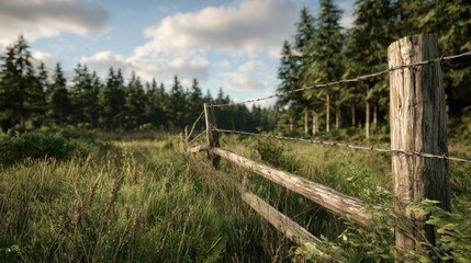 Fototapeta premium A newly set up electric fence and wooden posts are located on a picturesque UK farm with a forest visible in the background