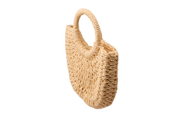 A beige straw bag isolated on a white background.