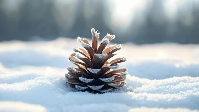 A pinecone resting on a blanket of snow, with frost covering its edges and a blurred winter forest in the background.