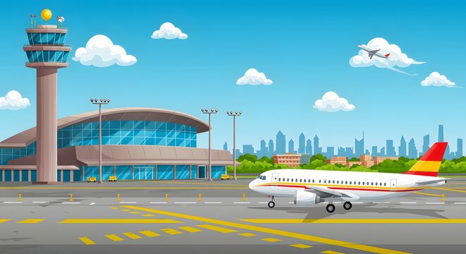 Cartoon vector illustration of an airport with an airplane on the tarmac and a control tower.