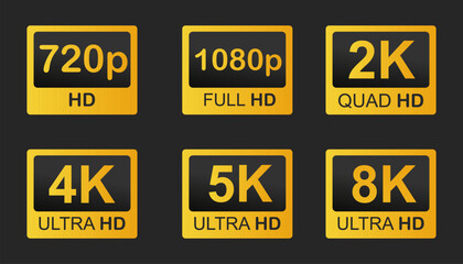 Video resolutions full ultra quad HD, video quality badge icon. Video resolution set.