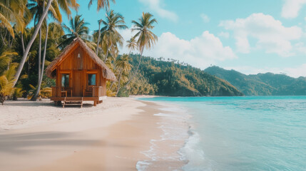serene tropical beach with clear blue water, white sand, palm trees, and a cozy wooden hut under a partly cloudy sky.