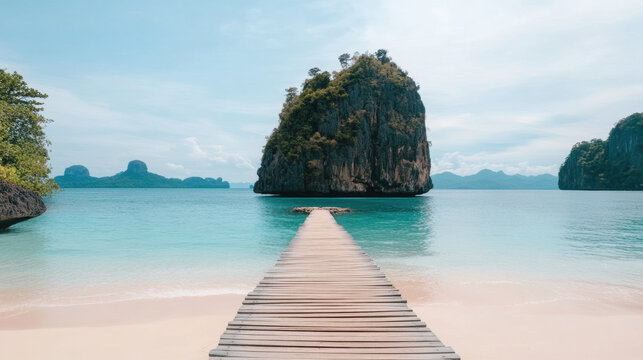 wooden pier extends over clear turquoise waters toward a towering limestone island under a bright, partly cloudy sky.