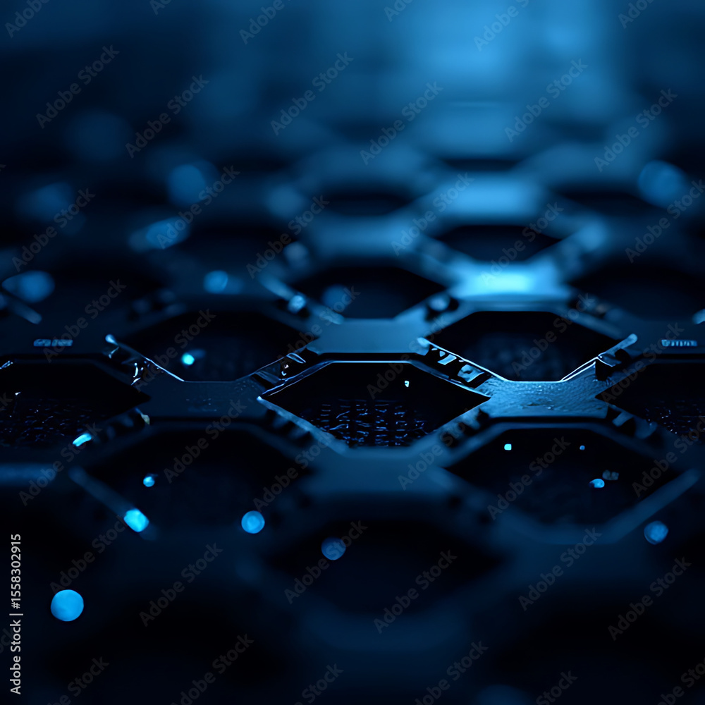 Poster abstract blue hexagonal pattern with bokeh effect and metallic texture