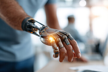 Innovative prosthetic arm with integrated technology on display in a modern workspace