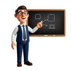 3D Cartoon Teacher Explaining Lesson on Blackboard