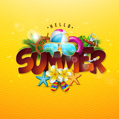 Hello Summer Holiday Banner Design with Flower, 3d Text Label and Colorful Beach Elements on Sun Yellow Background. Vector Tropical Typography Lettering Illustration with Beach Ball, Sunglasses and