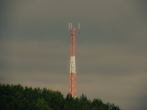 Red and white cellular tower standing above pine forest with dark storm clouds in the background. Mobile communication infrastructure in nature.