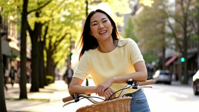 tiny asian babe - A young woman joyfully riding a bicycle along a tree-lined street in a vibrant urban setting, with pedestrians and cars in the background, capturing a lively spring day