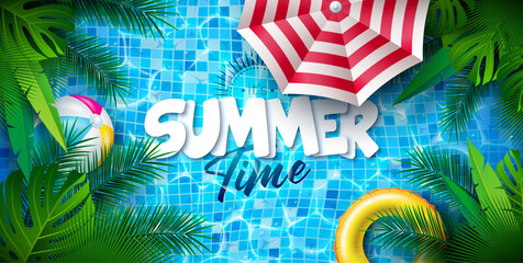 Summer Time Holiday Illustration with Tropical Palm Leaves, Beach Ball, Sunshade and Typography Letter on Blue Pool Background. Vector Summer Vacation Design for Banner, Flyer, Invitation, Brochure
