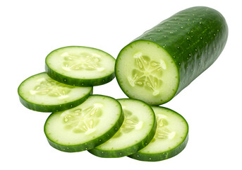 Fresh green cucumber with slices fanned out, isolated on white or transparent background. PNG, capturing the essence of healthy eating