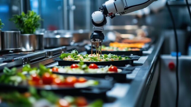 Automated food preparation in a modern kitchen. A white robotic arm precisely places food onto trays on a conveyor belt