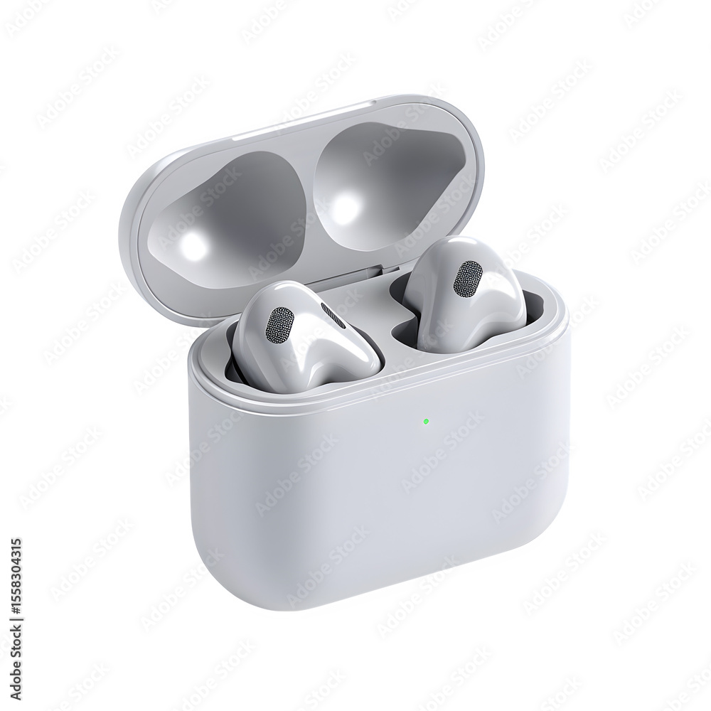 Fototapete hyper realistic wireless earbuds set charging case open isolated, pure white background subtle soft shadow clean studio lighting element texture background photo resource stock image design easy creat