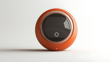 Close up of an orange round device with a black screen on a white background