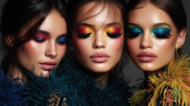 Three models with vibrant makeup looks, wearing vibrant eyeshadow with long black lashes. High-fashion beauty concept.