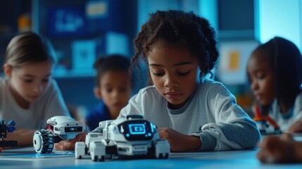 Children focusing on a white robot in a classroom