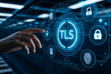 TLS, SSL, encryption, cybersecurity, digital security, secure interface, hand pointing, encryption key, padlock icon, firewall, network protection, cloud security, secure communication, data protectio
