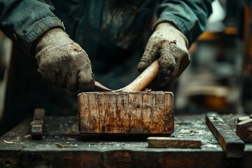 Worker using a hammer in woodwork construction, Generative AI