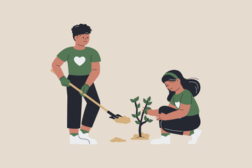 Volunteers Planting the Tree Illustration