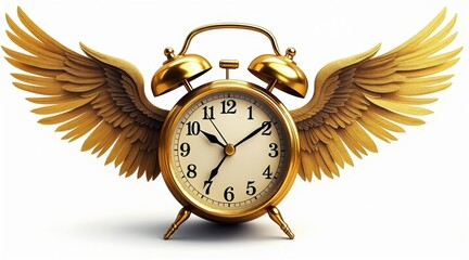 A golden vintage alarm clock with detailed wings on both sides, symbolizing the concept of time flying.