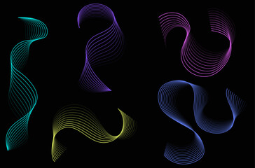 Set of Colorful Shapes Made of Curved Lines, Abstract Shapes Set, Stripes Shapes, Flow Wavy Lines, Editable Shapes, Vector
