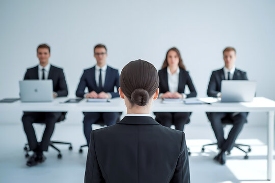 A female job applicant facing an interview panel of four professionals in a modern corporate Office. job interview, female applicant, interview panel, hiring process, recruitment, formal interview
 - Powered by Adobe