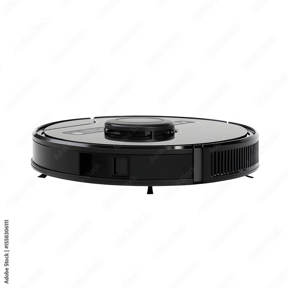 Fototapete hyper realistic robotic vacuum low profile black robot lidar, dome isolated pure white background su