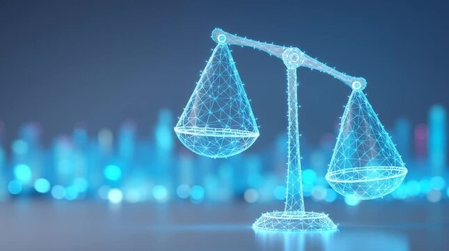 Glowing polygonal scale of justice symbolizes digital cyber law balancing privacy and technology with hologram representing cyber law and privacy protection in futuristic digital environment
