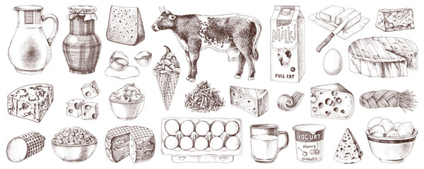 Dairy products hand drawn vector set