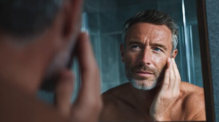 Mature male applying anti aging skincare product, examining facial features near bathroom mirror, emphasizing personal grooming and wellness