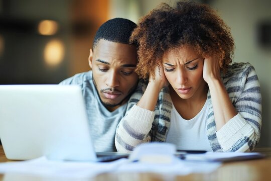 Mature couple looking at finance documents and data on a laptop, having money problems, Generative AI