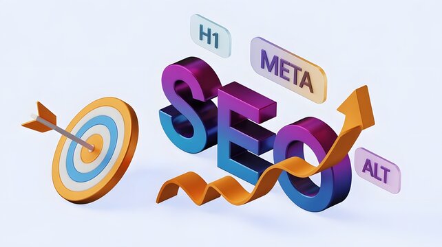 3d SEO text with target and arrow h1 meta alt tags for web optimization